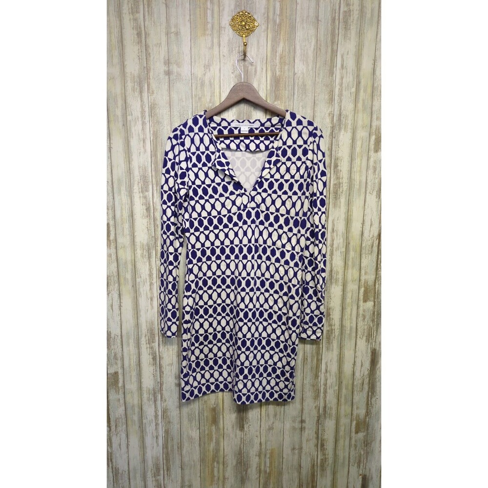 Diane Von Furstenberg DVF Reina Long Sleeve Geo Dress Indigo White Purple Size 4